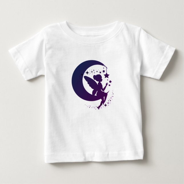 Camiseta Para Bebê Silhueta de Fada Mágica Sentada na Lua (Frente)