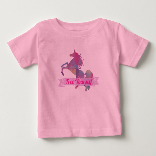 Camiseta Para Bebê Silhueta de Unicórnio Abstrato em Pastel Rosa (Frente)