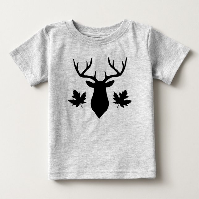Camiseta Para Bebê Silhueta de Veado Preto com Folha de Bordo (Frente)