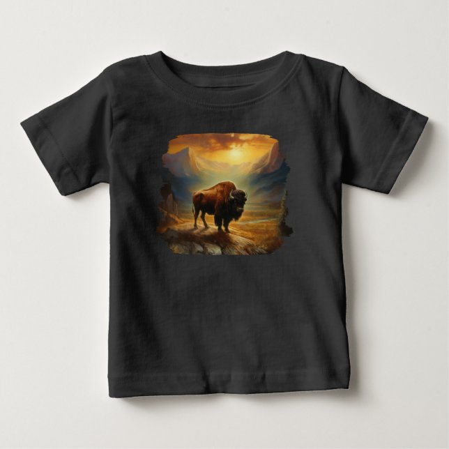 Camiseta Para Bebê Silhueta do Búfalo Bison ao Pôr do Sol  (Frente)