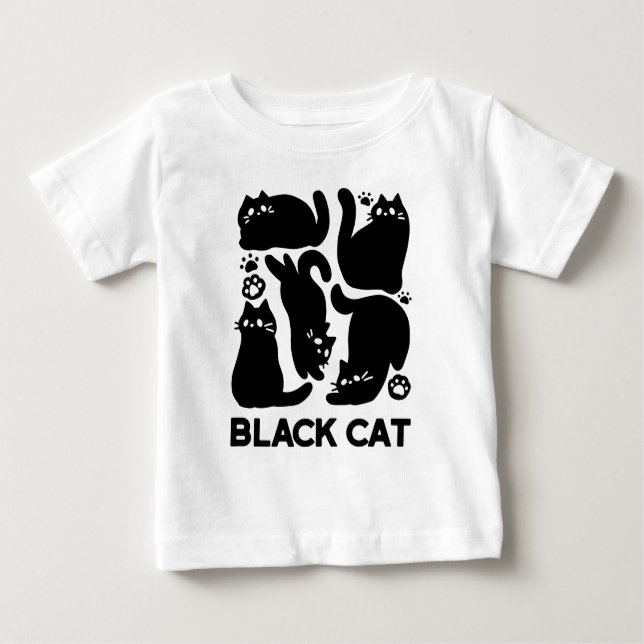 Camiseta Para Bebê Silhuettes de Gato Negro - Design de Felino Cinto (Frente)