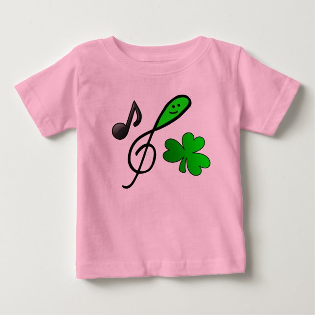 Camiseta Para Bebê Símbolo de Trevo e Nota Musical com Carinha Feliz  (Frente)