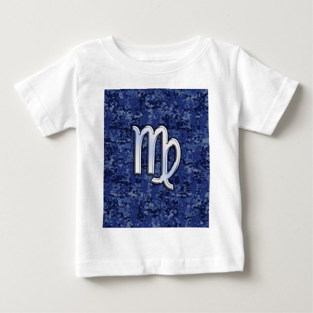Camiseta Para Bebê Símbolo Virgo Zodiac na Camuflagem Digital Azul (Frente)