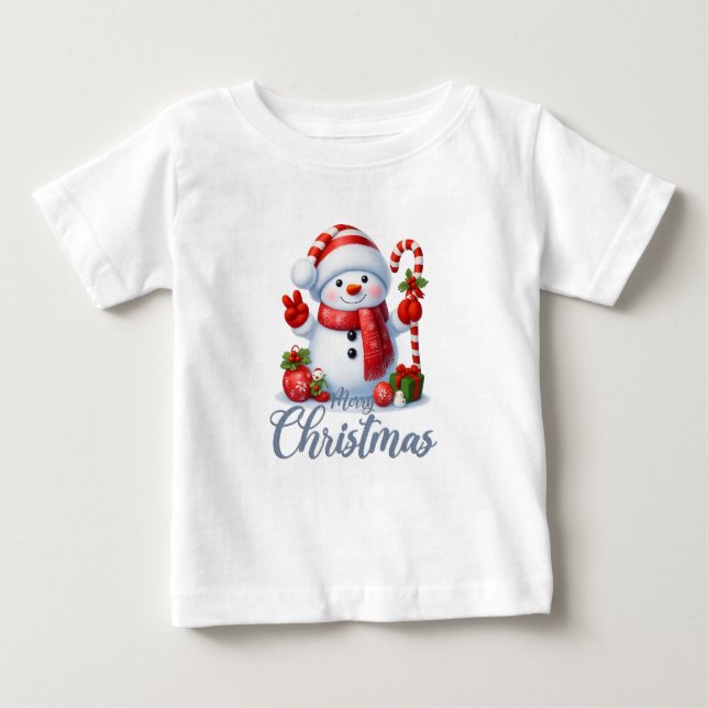 Camiseta Para Bebê Smiling Snowman With Candy Cane Christmas Tee (Frente)