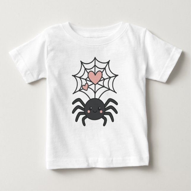 Camiseta Para Bebê Smiling Spider Weaving a Heart Web Cute Halloween (Frente)