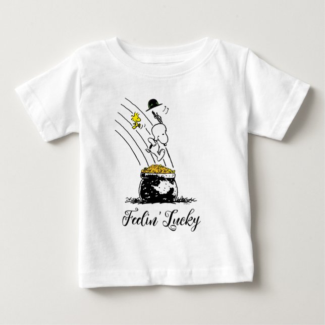 Camiseta Para Bebê Snoopy pulando em Pote de Dourado (Frente)