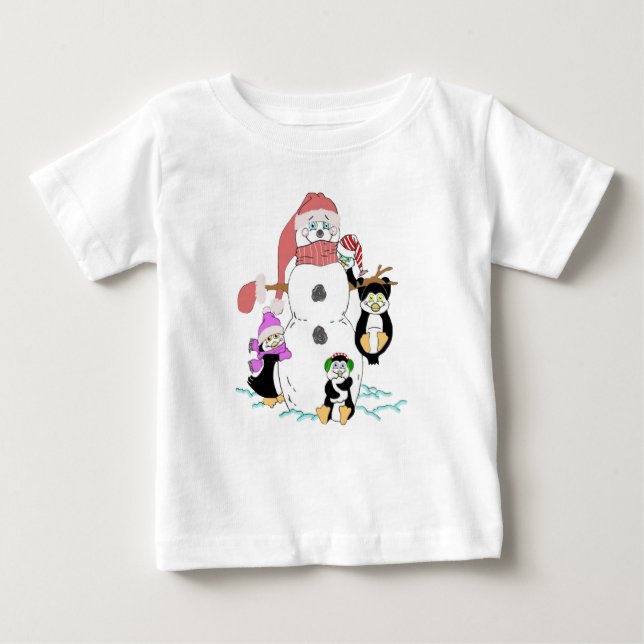 Camiseta Para Bebê Snowman E Pinguins Natal (Frente)