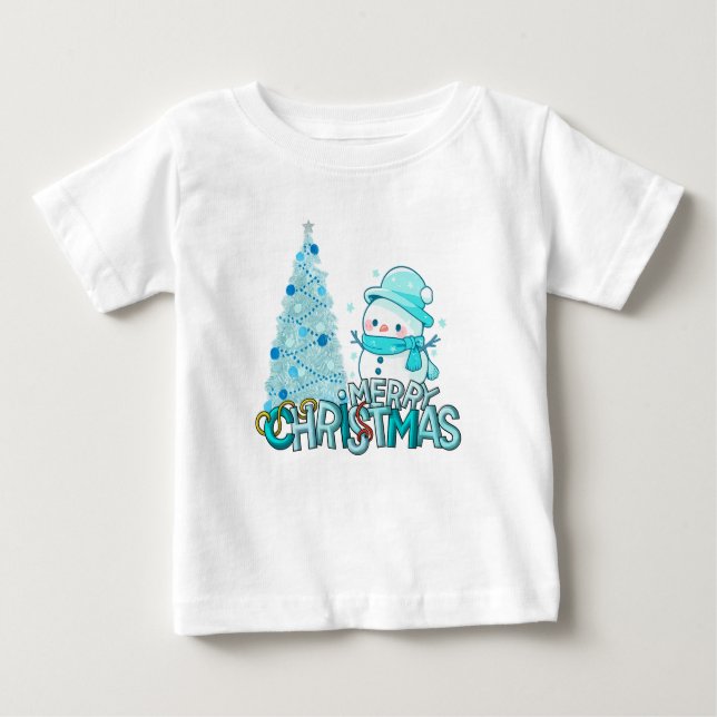 Camiseta Para Bebê Snowman Merry Christmas Xmas Tree Snow T-Shirt (Frente)