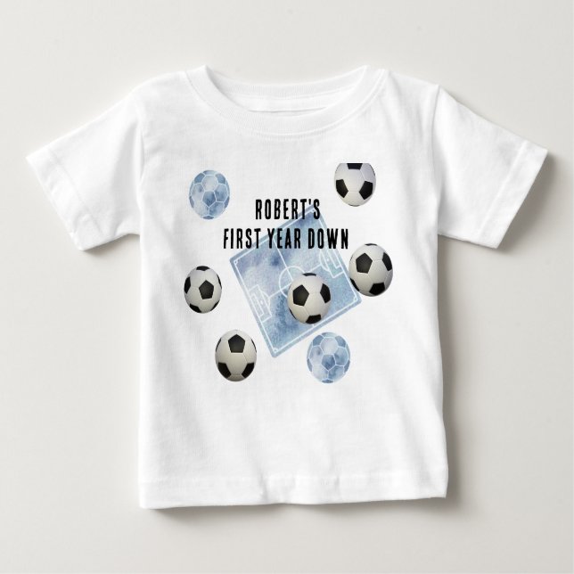 Camiseta Para Bebê Soccer First Year Down Birthday Party (Frente)
