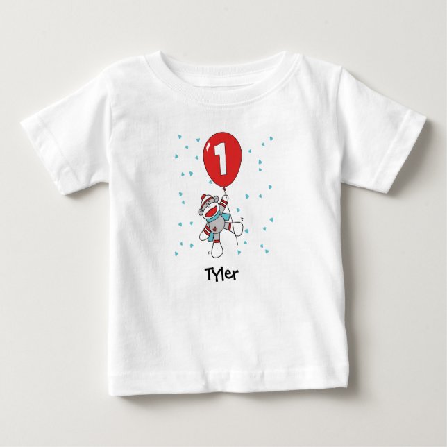 Camiseta Para Bebê Sock Monkey First Birthday Baby T Shirt (Frente)