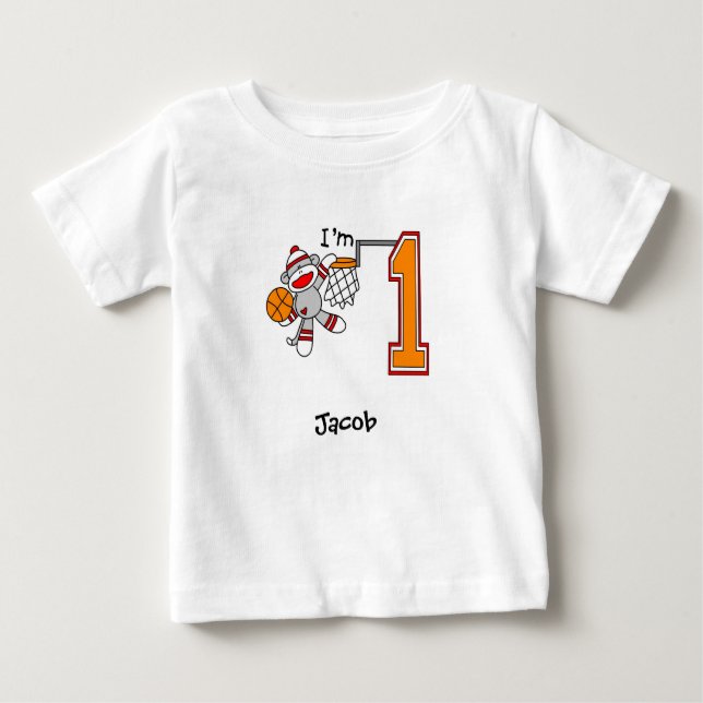 Camiseta Para Bebê Sock Monkey Hoops primeiro aniversario Baby T Shir (Frente)