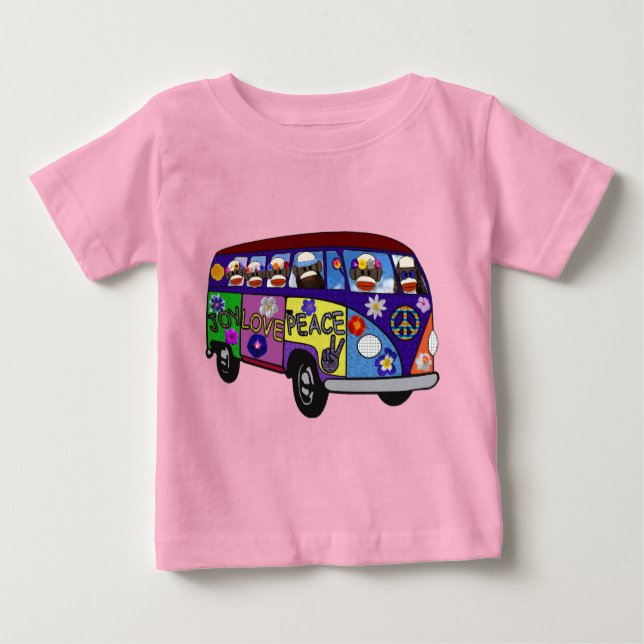 Camiseta Para Bebê Sock Monkey Peace Bus  (Frente)