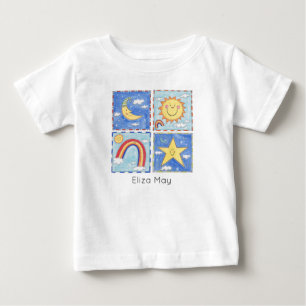 Camiseta Para Bebê Sol, Lua, Estrela e Arco-íris Personalizados Feliz