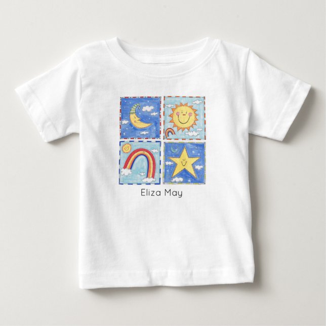 Camiseta Para Bebê Sol, Lua, Estrela e Arco-íris Personalizados Feliz (Frente)