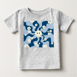 Camiseta Para Bebê Sorria - Azul Escuro, Azul Claro e Creme