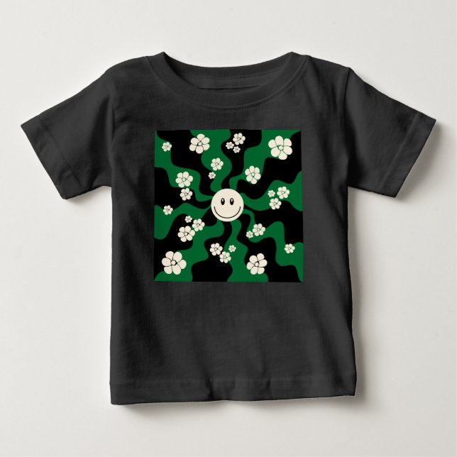 Camiseta Para Bebê Sorria - Verde, Creme e Preto (Frente)
