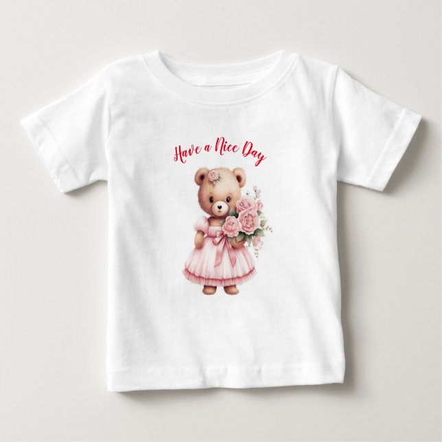 Camiseta Para Bebê Sorrisos de Espalhamento: Urso de Teddy com Flores (Frente)
