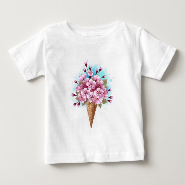 Camiseta Para Bebê Sorvete Waffle Rosa Sakura Cone (Frente)