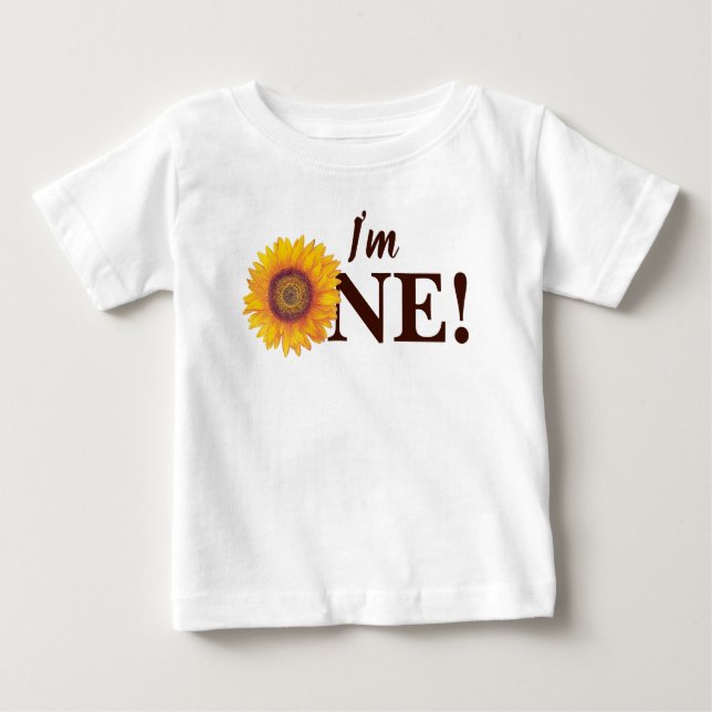 Camiseta Para Bebê Sou um! Sunflower First Birthday Baby T-Shirt (Frente)