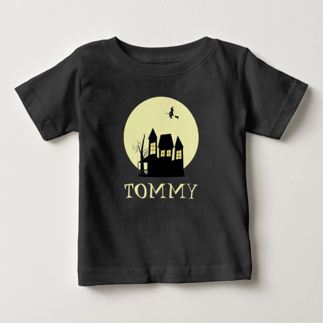 Camiseta Para Bebê Spooky assombrado casa com bruxa voadora (Frente)