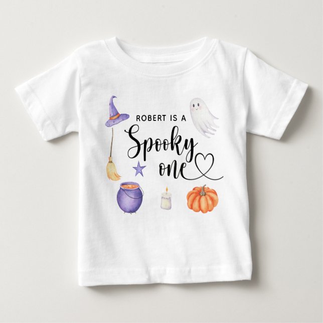 Camiseta Para Bebê Spooky, Primeira festa de aniversário de Halloween (Frente)