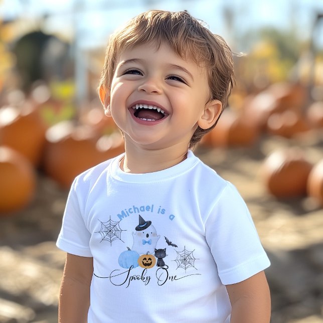 Camiseta Para Bebê Spooky, Um Halloween, Boo azul de aniversário (Criador carregado)