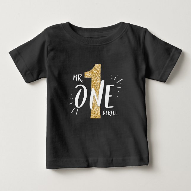 Camiseta Para Bebê Sr. Onemagia Birthday T-shirt Boy Black Dourado (Frente)