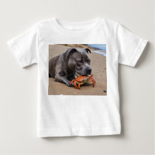 Camiseta Para Bebê Staffy É Amigo De Um Caranguejo De Praia,