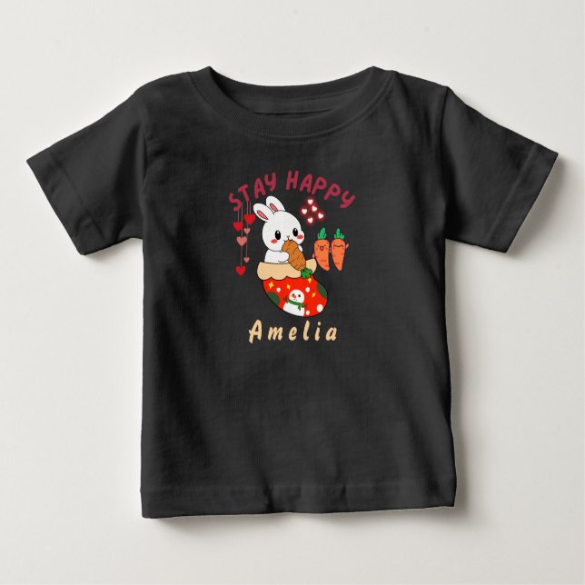 Camiseta Para Bebê Stay Happy Bunny Amelia Custom Name (Frente)