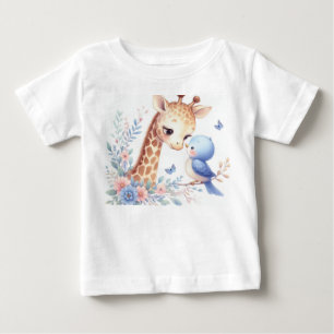 Camiseta Para Bebê Storybook Woodland Babings Giraffe E Pássaro Azul