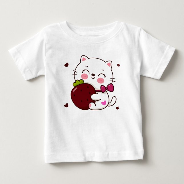 Camiseta Para Bebê Strawberry Kitty Love Baby Fine Jersey T-Shirt 🍓 (Frente)