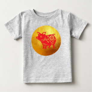 Camiseta Para Bebê Suíno Chinês Ano 2019 Papercut Red Baby Tee