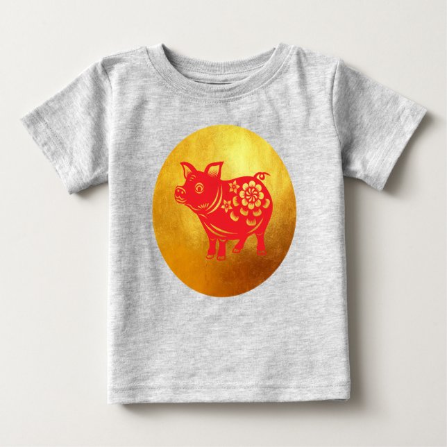Camiseta Para Bebê Suíno Chinês - Ano 2019 - Papercut Red Baby Tee (Frente)