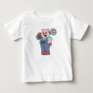 Camiseta Para Bebê Suíno como mecânico com chave inglesa