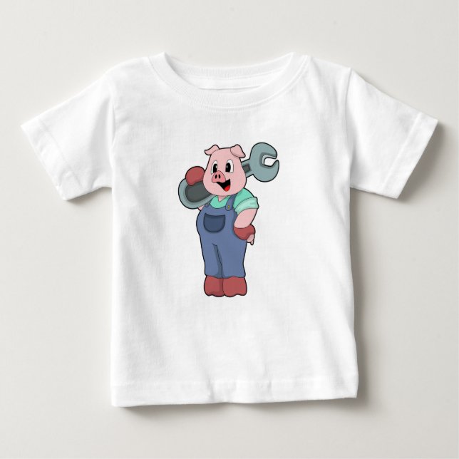 Camiseta Para Bebê Suíno como mecânico com chave inglesa (Frente)