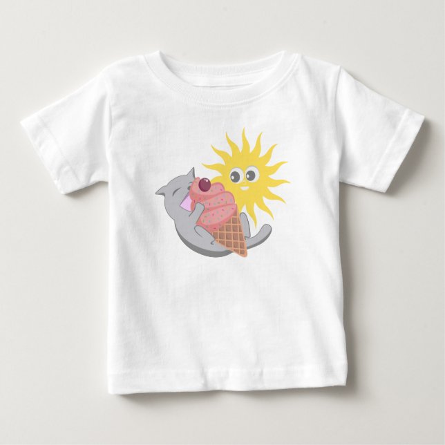 Camiseta Para Bebê Summer Cat Eating Ice Cream (Frente)