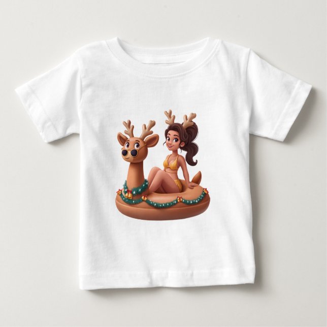 Camiseta Para Bebê Summer Reindeer Holiday Fun Pool Party Design (Frente)