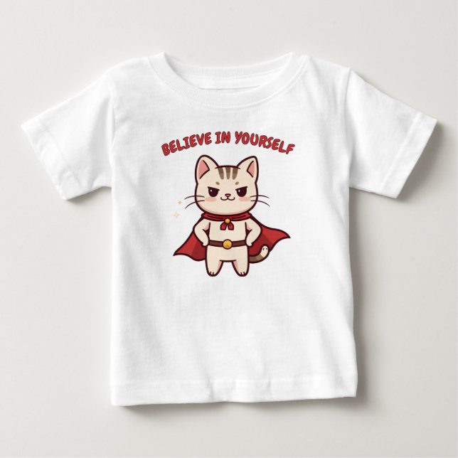 Camiseta Para Bebê Super-herói Gato Acredite em Si Mesmo  (Frente)