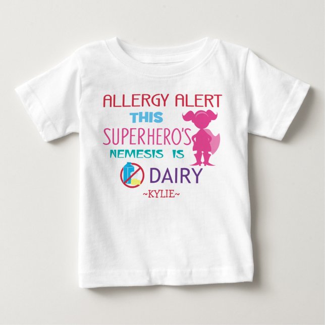 Camiseta Para Bebê Super-heróis Meninas Alerta para Alergia à Caseína (Frente)