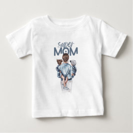 Camiseta Para Bebê Super Mom Blue Watercolor Mother and Children Art