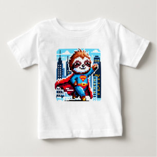 Camiseta Para Bebê Super Sloth Funny Pixel Art Hero Cityscape Design