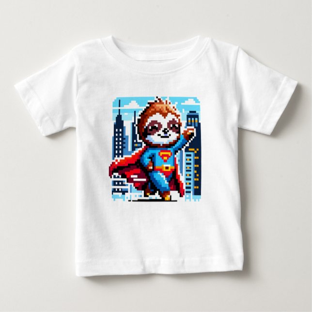 Camiseta Para Bebê Super Sloth Funny Pixel Art Hero Cityscape Design (Frente)