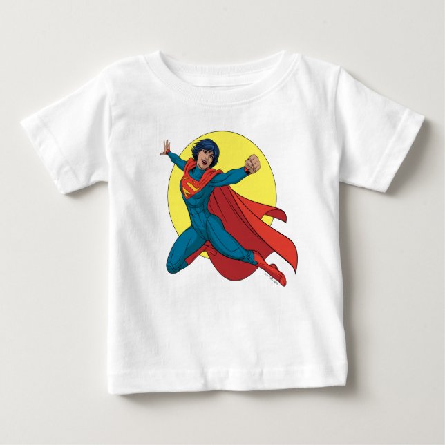 Camiseta Para Bebê Supergirl voando com roupa azul (Frente)