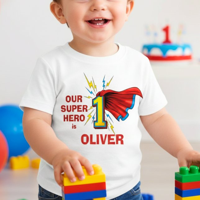 Camiseta Para Bebê Superhero Number 1 with Cape First Birthday (Criador carregado)