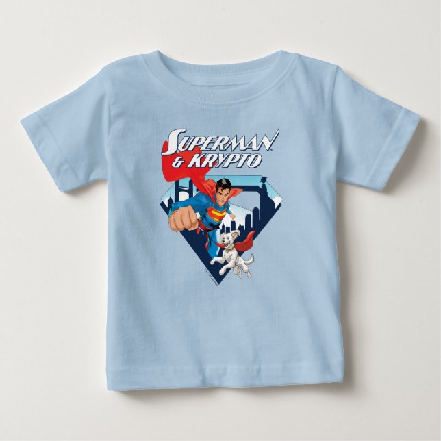 Camiseta Para Bebê Superman & Krypto Disparam (Frente)