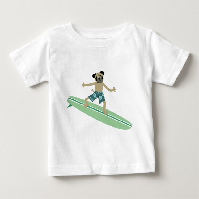Camiseta Para Bebê Surfista de Longboard do cão do Pug (Frente)