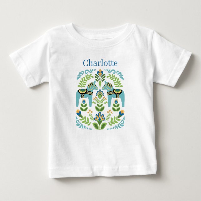 Camiseta Para Bebê Swedish Dala Horses Teal Personalized (Frente)