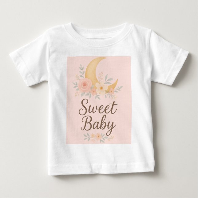 Camiseta Para Bebê Sweet Baby Floral Moon Design – Gentle Pastel Nurs (Frente)