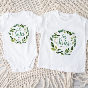 Camiseta Para Bebê Sweet Greenery Floral Big Sister Nome Monograma