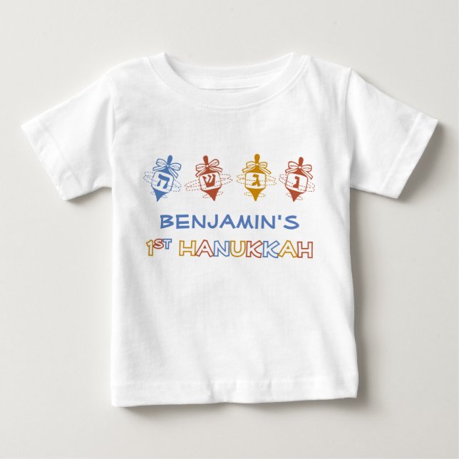 Camiseta Para Bebê T personalizado Hanukkah do bebê de Dreidels ø (Frente)
